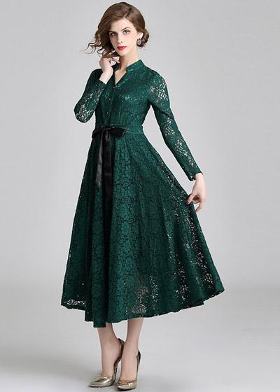 Vestido Midi Renda Guipir Manga Longa