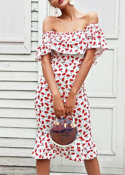 Vestido Midi Estampado com Babado Ombro a Ombro