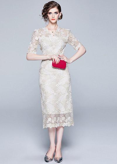 Vestido Midi Renda Guipir para Festa Casamento