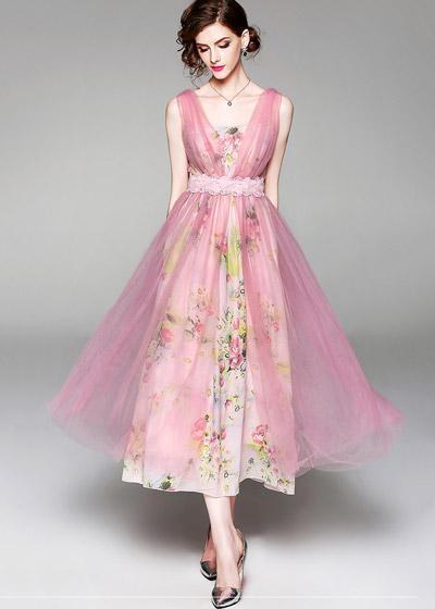 Vestido Chiffon Floral com Tule por Cima