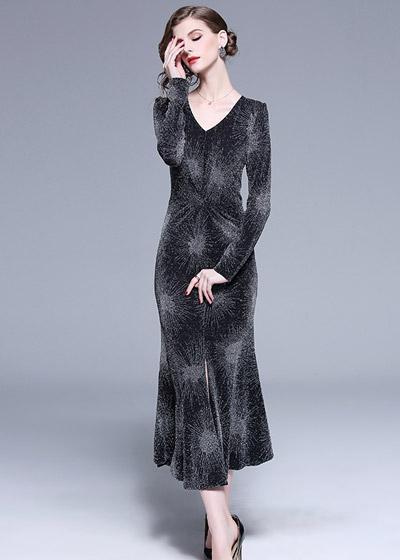 Vestido Midi Brilho com Babado na Barra Manga Longa