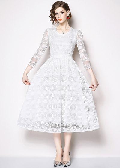 Vestido Renda Branco Midi Manga Longa