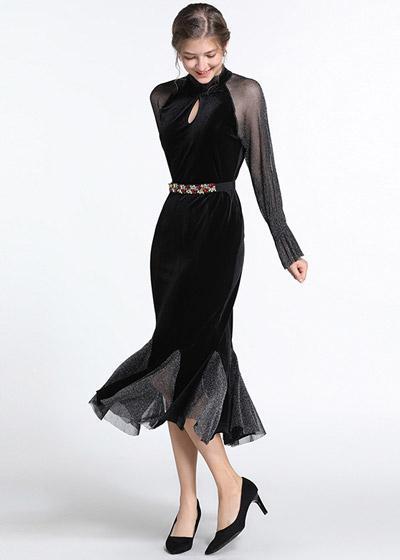 Vestido de Veludo Midi Manga Longa com Babado