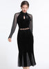 Vestido de Veludo Midi Manga Longa com Babado