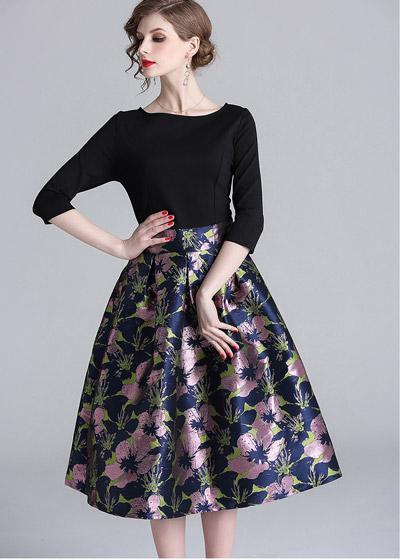 Vestido Saia Gode Midi Estampado Manga Longa