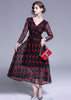 Vestido Midi Evasê Preto Vermelho Manga Longa