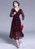 Vestido Midi Evasê Preto Vermelho Manga Longa