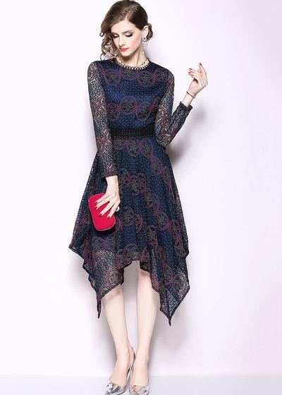 Vestido Assimetrico Midi Renda Manga Longa