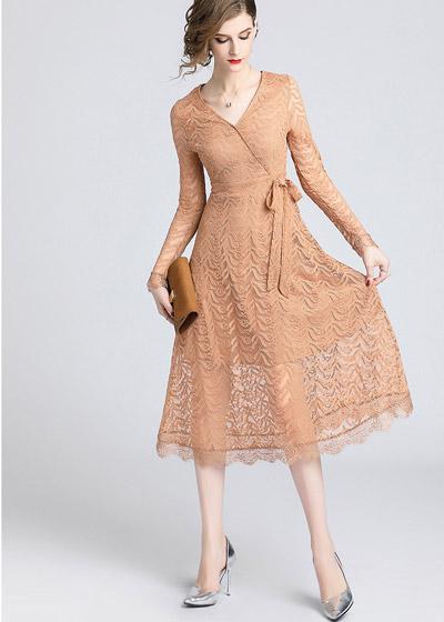 Vestido Midi Evasê Renda Guipir Manga Longa
