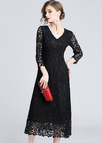 Vestido Renda Guipir Midi Preto Manga Longa
