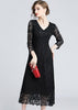 Vestido Renda Guipir Midi Preto Manga Longa