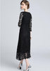 Vestido Renda Guipir Midi Preto Manga Longa