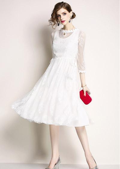 Vestido de Renda Midi Branco para Casamento Civil