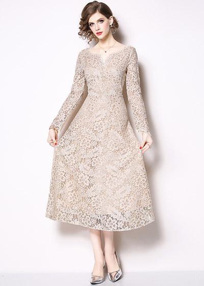 Vestido Evase Midi Renda Guipir de Manga Festa