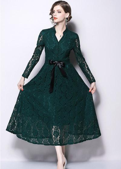 Vestido Midi Evasê Renda Guipir com Manga