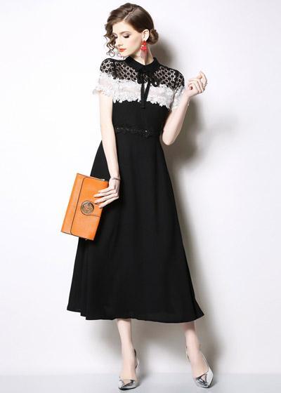 Vestido Evasê Renda Preto branco Gola Laço