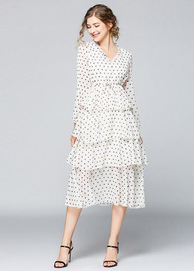Vestido Poá com Babado Manga Longa