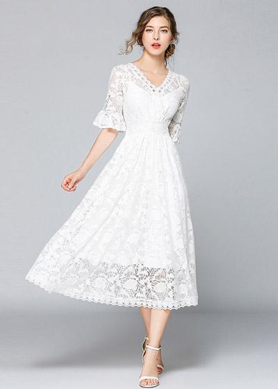 Vestido Midi Renda Branco de Manguinha
