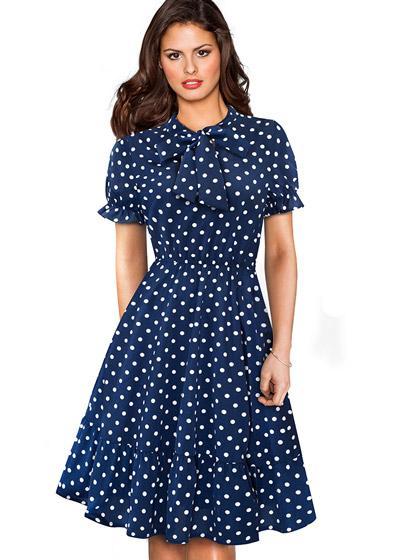 Vestido Godê Poá com Gola Laço Moda Evangélica