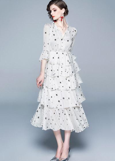 Vestido Midi Estampado com Babado em Camadas