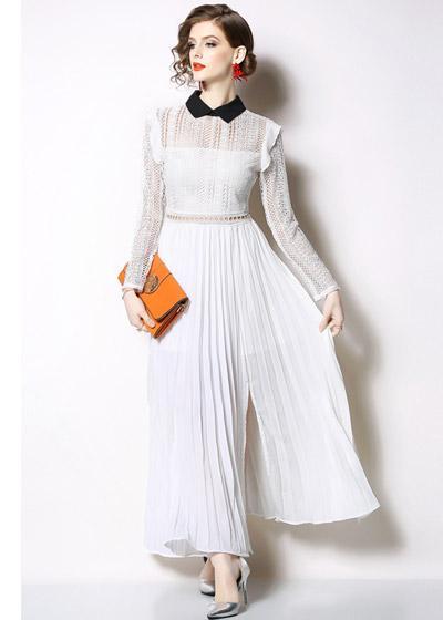 Vestido Midi Branco com Renda Guipir Manga Longa