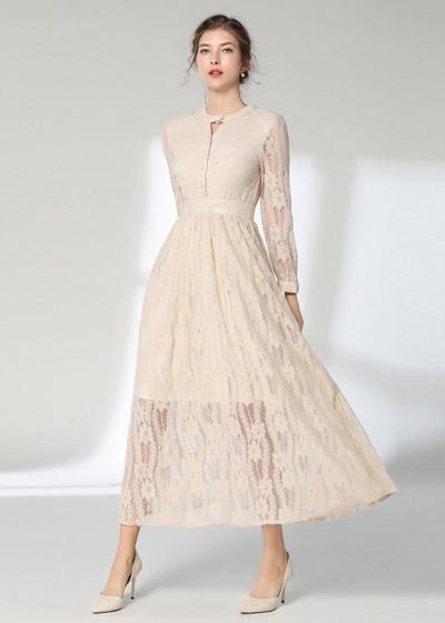 Vestido Renda Manga Longa Bege para Casamento