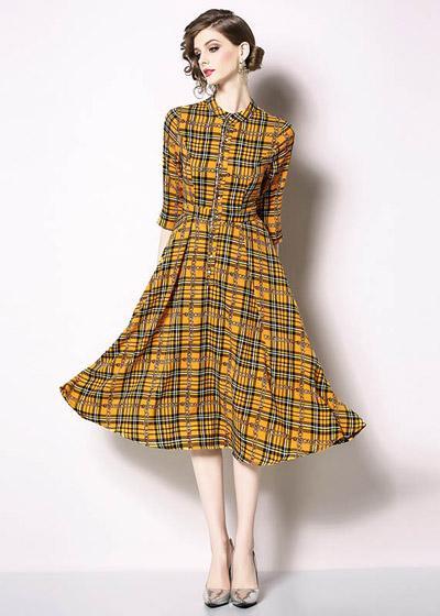 Vestido Midi Xadrez Amarelo com Manga Moda Evangelica