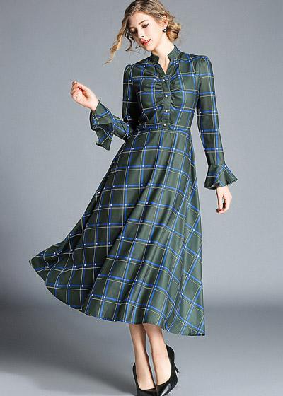 Vestido Evase Midi Xadrez Manga Longa
