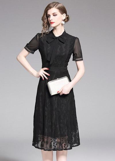 Vestido Evase Midi Preto Gola Laço Moda Evangélica