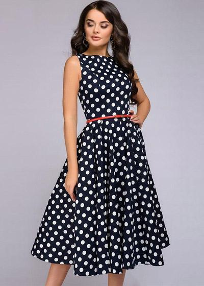 Vestido Midi Rodado Estampado Poa Com Cinto