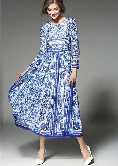 Vestido Evasê Midi Estampado Azulejo Manga Longa