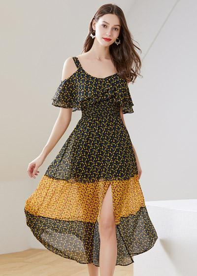 Vestido Midi Estampado Ombro de Fora com Babado