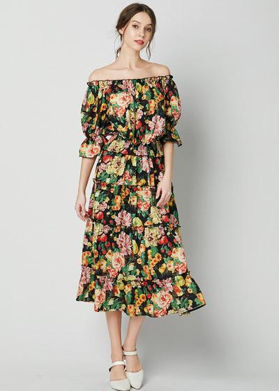 Vestido Ombro a Ombro Midi Estampado com Babado