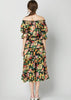 Vestido Ombro a Ombro Midi Estampado com Babado