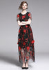 Vestido Midi Tule Bordado Floral Preto