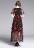 Vestido Midi Tule Bordado Floral Preto