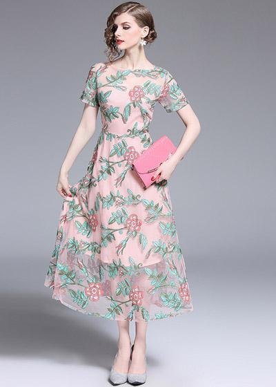 Vestido Midi de Tule Bordado Rosa Festa