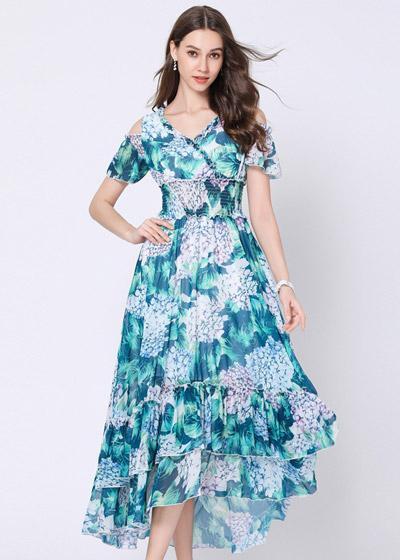 Vestido Midi Floral Ombro Vazado com Babado