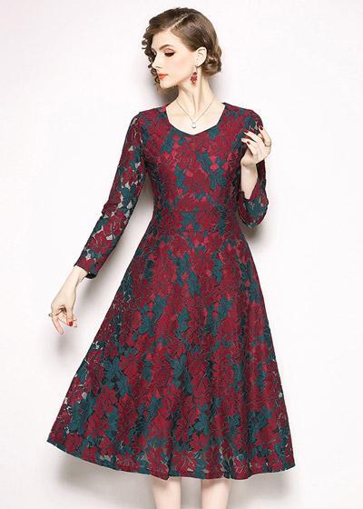 Vestido Midi Renda Vermelho Verde Manga Longa
