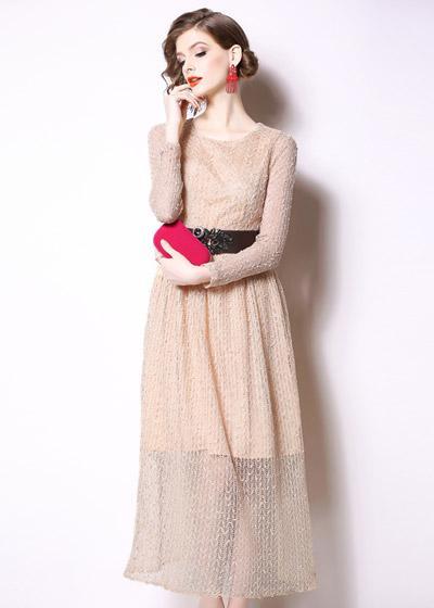 Vestido Midi Renda Manga Longa com Cinto