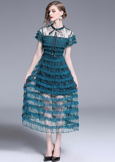 Vestido Midi Festa Babado de Tule Gola Laço