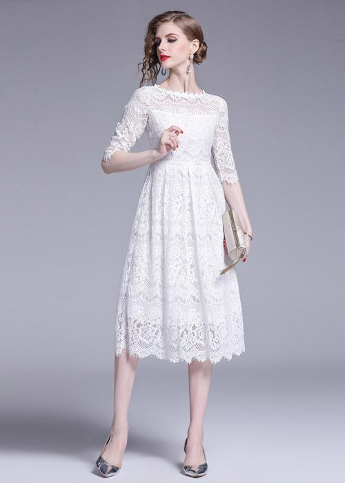 Vestido Midi Branco Renda Manga 3/4