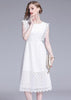 Vestido Midi Evasê Renda com Babado no Ombro