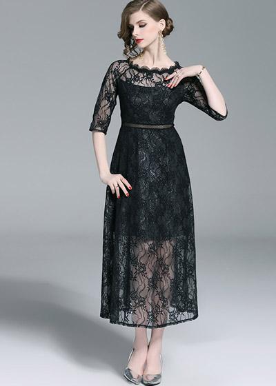 Vestido Midi Evase Renda com Recorte na Cintura