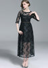 Vestido Midi Evase Renda com Recorte na Cintura