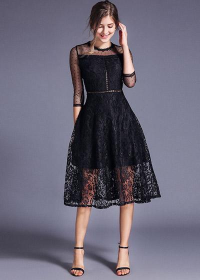Vestido Midi Renda Preto com Tule Festa