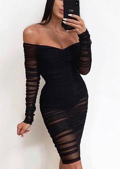 Vestido Midi Preto de Festa Ombro a Ombro Manga Longa