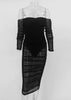 Vestido Midi Preto de Festa Ombro a Ombro Manga Longa