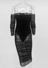Vestido Midi Preto de Festa Ombro a Ombro Manga Longa