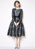 Vestido Jacquard Rodado Midi com Manga e Cinto